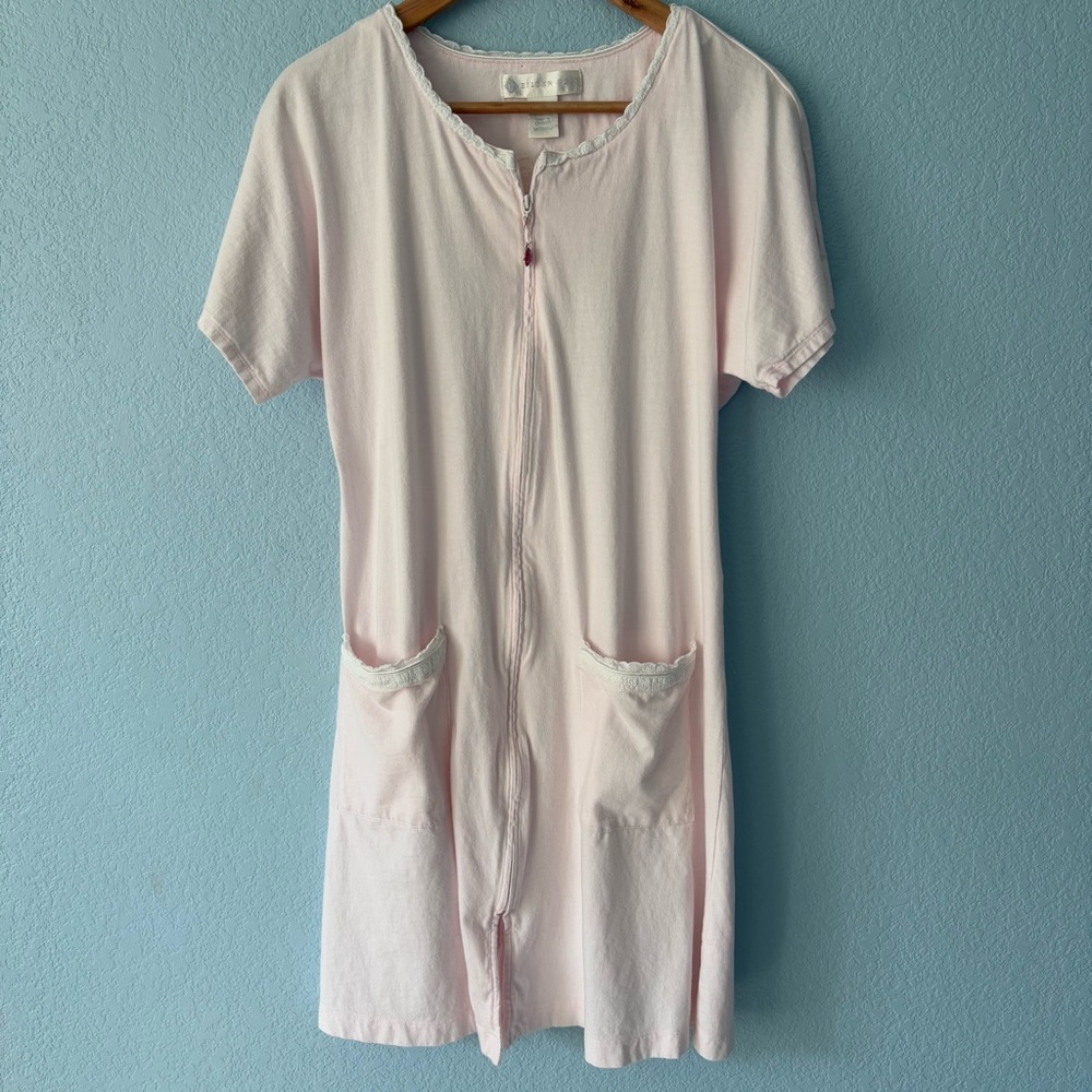 Eileen West Nightgown Full Zip Short Sleeve Cotton Pockets